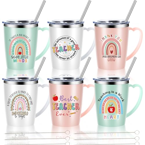 Maxcheck 6 Pcs Christmas Teacher Appreciation Gifts Mugs Bulk 16oz Thank You Teacher Stainless Steel Tumblers Inspirational Boho Insulated Coffee Cups with Handle Lids Straw for Women Birthday Gifts