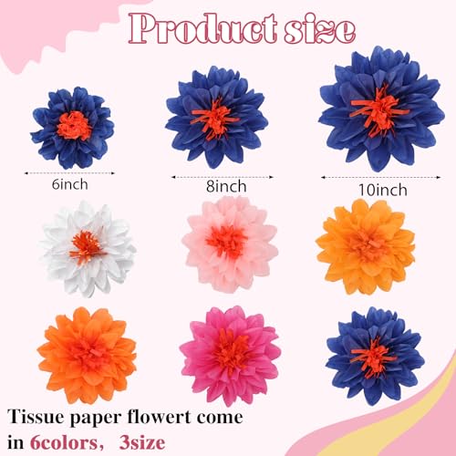 Image of Geyee 18 Pcs Mexican Paper Flowers Colorful Fiesta Tissue Paper Flowers Pom Poms Mexican Carnival for Floral Party Backdrop Wedding Birthday Party Craft (Multicolor,6 inch 8 inch 10 inch)