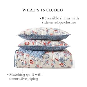 MARTHA STEWART Full Queen Size Quilt Bedding Set 3 Piece Soft Washed Microfiber Printed Bedspread Reversible All Season 1 Quilt 2 Standard Pillow Shams White Blue Red Painted Floral Print