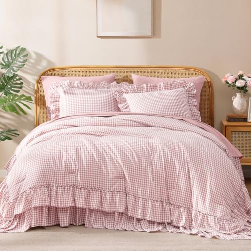 Image of Full Size Comforter Set Pink Gingham Ruffle 7 Pieces Farmhouse Bed in a Bag | Shabby Chic Fluffy Bedding Sets with Sheets, Pillowcases & Shams