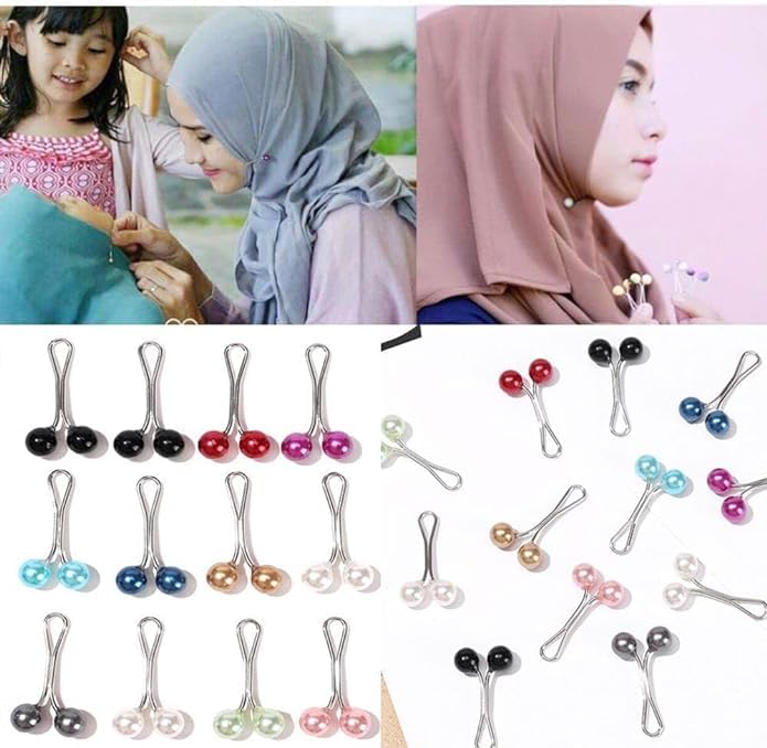Image of 12pcs Multicolor Headscarf Pearl Pins Clips- U Shape Lady Muslim Scarf Shawl Clips-Scarf Shawl Clips Scarf Brooches Pin Jewelry Accessories-Women's Brooches and Pins(4Black&4White&4Gold)