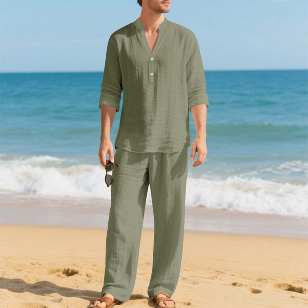 Hombre 2 Piezas de Algodón y Lino Mangas Larga Camisa Moda Camiseta + Pantalones de Playa Deportivos Pantalón Completo Casual Traje Conjuntos Primavera Verano