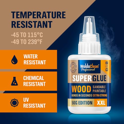 Image of WoldoClean Super Glue for Wood 50g Extra Strong Gel - Wood Adhesive | Fills fine cracks and gaps, water resistant and sandable when cured
