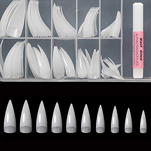 AORAEM Stiletto Nail Tips Shaped Ending 100Pcs Natural False Nails Half Cover Acrylic Nails Fake Nails Tips with Nail Glue for Nail Salon with Box (N-100-YZ)