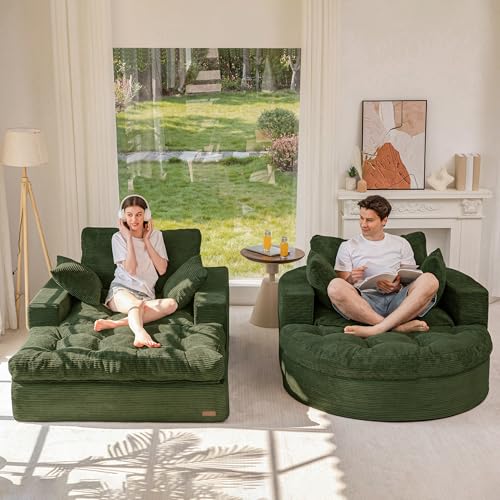 Image of MAXYOYO Modular Sectional Chaise Lounge Sofa, 2 Sets Upholstered Lounge Chair with Ottoman, Comfy Round+ Square Couch with Layered Cushion, Tufted Sleeper Chair for Living Room, No Assembly