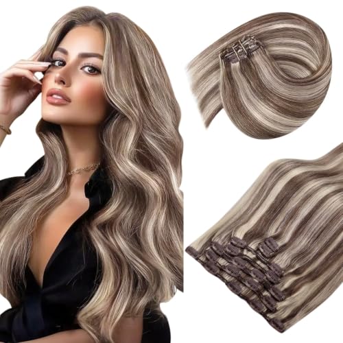 Image of Sunny Hair Clip in Hair Extensions Real Human Hair Highlight Brown Blonde | 22 Inch Clip in Remy Hair Extensions for Women, Flowing Ends and Subtle Fullness with Balanced Shape for City Outing 120g