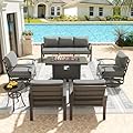 Kullavik Aluminum Patio Furniture Set,7 Pieces 7 Seat Metal Outdoor Furniture Conversation Set w/45 Propane Gas Fire Pit&Swivels,Grey
