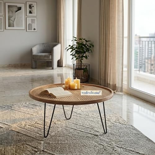 Image of Rattan Coffee Table - Cane Center Table with Shelf for Storage - Bohemian Solid Mango Wood Coffee Table for Office and Living Room C#042 (Natural 2)