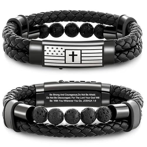 Christian Gifts for Men – Christian Bracelet with Bible Verse & Cross – Adjustable Stainless Steel Mens Bracelets with Volcanic Stones, Leather Band & Velvet Gift Box for Religious Gifts