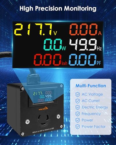 Image of 30A AC Power Meter, 240V L6-30P to L6-30R LCD Display Digital Multimeter Tester with 1.65FT 10AWG Cable, Outlet Monitor Multifunction Energy Monitor Voltage Current Frequency Power Factor