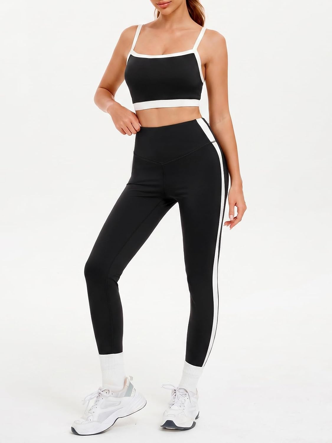 Aoysky Womens 2 Piece Workout Sets Color Block High Waisted Yoga Outfits | Strappy sports bra, matching leggings set, fashion streetwear