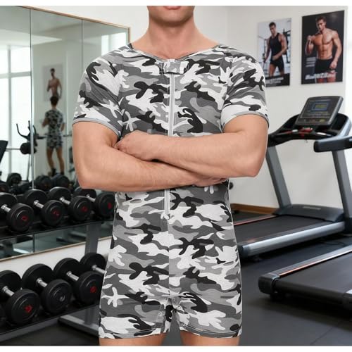 Onesie for Men Cotton Short Sleeve Camouflage Pajama Jumpsuits One Piece Printed Romper Bodysuit Zipper Up4
