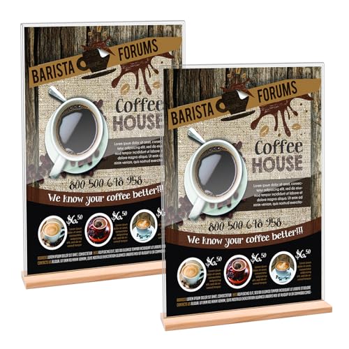 Fonyet 2 pezzi Espositori in acrilico A4 porta menu da tavolo, cartellini dei prezzi con base in legno, per opuscoli, menu, pubblicità, poster