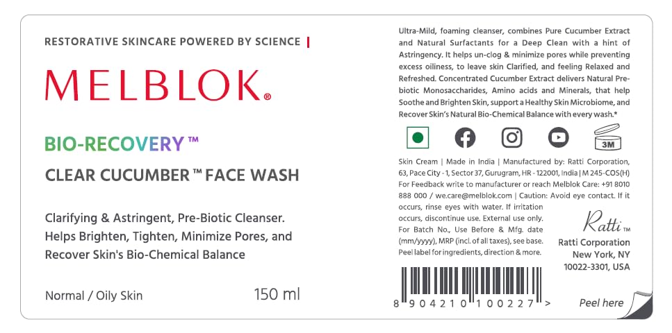 Image of Melblok Bio-Recovery Clear Cucumber Face Wash 150ml | For Oily & Combination Skin| Oil Control, Pore Cleansing & Non-Drying Prebiotic Face Cleanser with Niacinamide