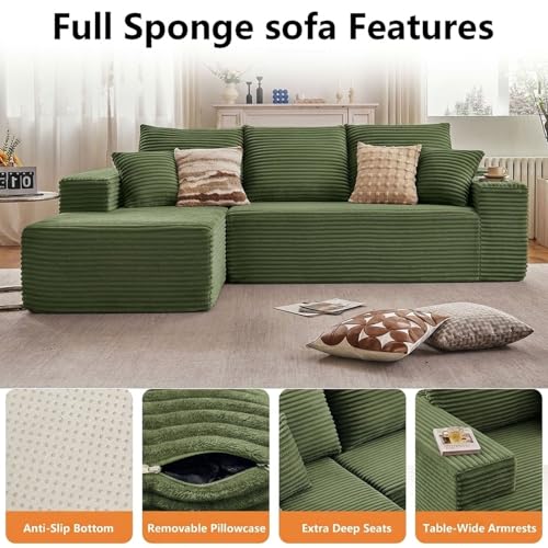 Image of Sectional Couches for Living Room Cloud Couch Sofa with L-Shape Couch in a Box Upholstered Boneless Couchs Modern Modular Sectional Couch with Chaise (Green,B-3 Seater-Left-Facing Chaise-96 inch)