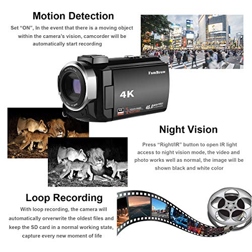 FamBrow 4K Video Camera Camcorder Ultra HD WiFi YouTube Vlogging Camera 48MP 3.0 Inches IPS Touch Screen 16X Digital Zoom IR Night Vision Beginner Camcorder with External Microphone Remote Control