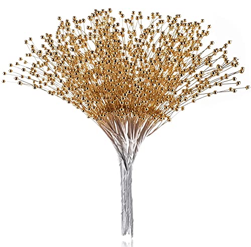 50pcs Beaded Stick Bride Wedding Pearl Bouquet Party Decoration Christmas Decorations 4mm Pearl Bouquet Christmas Flower Christmas Tree Picks and Sprays (Gold)