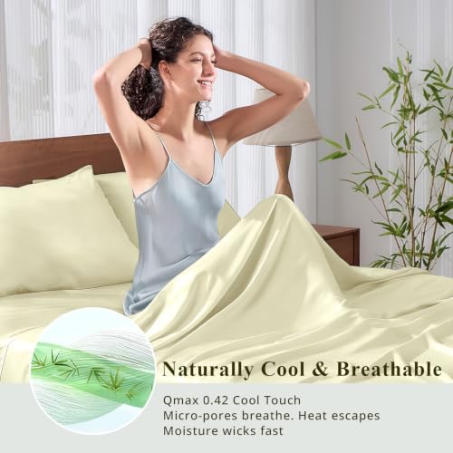 Image of Queen Size Sheet Set, Viscose Bamboo Sheets for Bed Set 4pcs, 100% Viscose Derived from Bamboo, Hotel Luxury Silky & Cooling for Hot Sleepers, Deep Pocket Up to 17 inch, Creme
