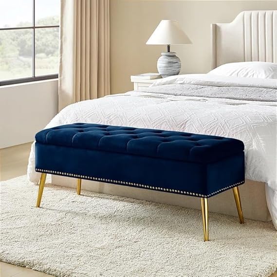 Image of Modern Velvet Storage Ottoman with Gold Base Button 2 Seater | Upholstered Long Ottoman for Bedroom, Living Room, Entryway & Sofa | Comfortable Padded Accent Furniture | Neavy Blue