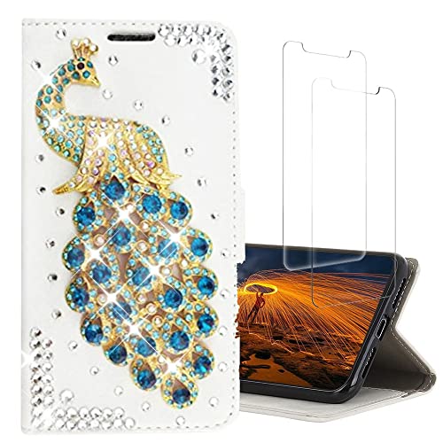 AS-Zeke Glitter Wallet Phone Case Compatible with Samsung Galaxy A32 5G 2021, 3D Handmade Peacock Rhinestone Crystal Bling Design Shell Cover Case with Screen Protector [2 Pack] - Green