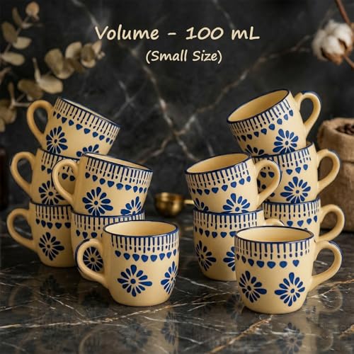 Image of HandPainted Ceramic Tea Cups Set of 12 Small Coffee Chai Serving Mug Microwave Safe | Ideal Gift for Anniversary, Housewarming Parties | Gifts Set for Family&Friends 100 ML Each (Blue Floral Jhallar)
