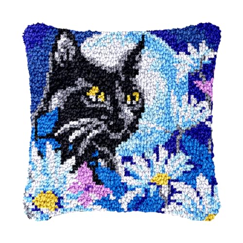 Image of bositigo Cat Latch Hook Pillow Kit for Adults & Kids, DIY Pre-Printed Canvas Craft, 17x17 Inch Decorative Cover for Sofa Cushions, Bedroom Decor (Cat Pattern 20)