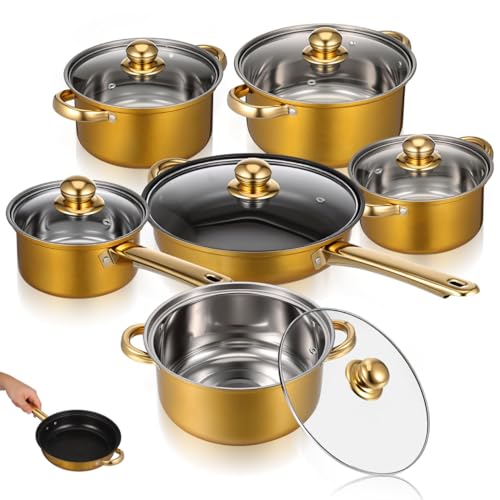 CALLARON Stainless Steel Cookware Set 6 Piece Pots and Pans Set Nonstick Cooking Utensils Stockpots & Saucepans with Lids Includes Saucepan & Stockpot for Everyday Home Use Gold