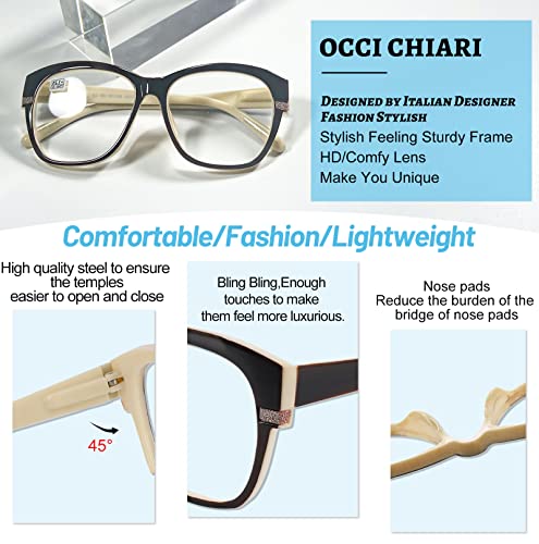 OCCI CHIARI Reading Glasses For Women Wide Square Reader 1.0 1.5 2.0 2.5 3.0 3.5 4.0 5.0 6.0 1.25 1.75 2.25 2.75