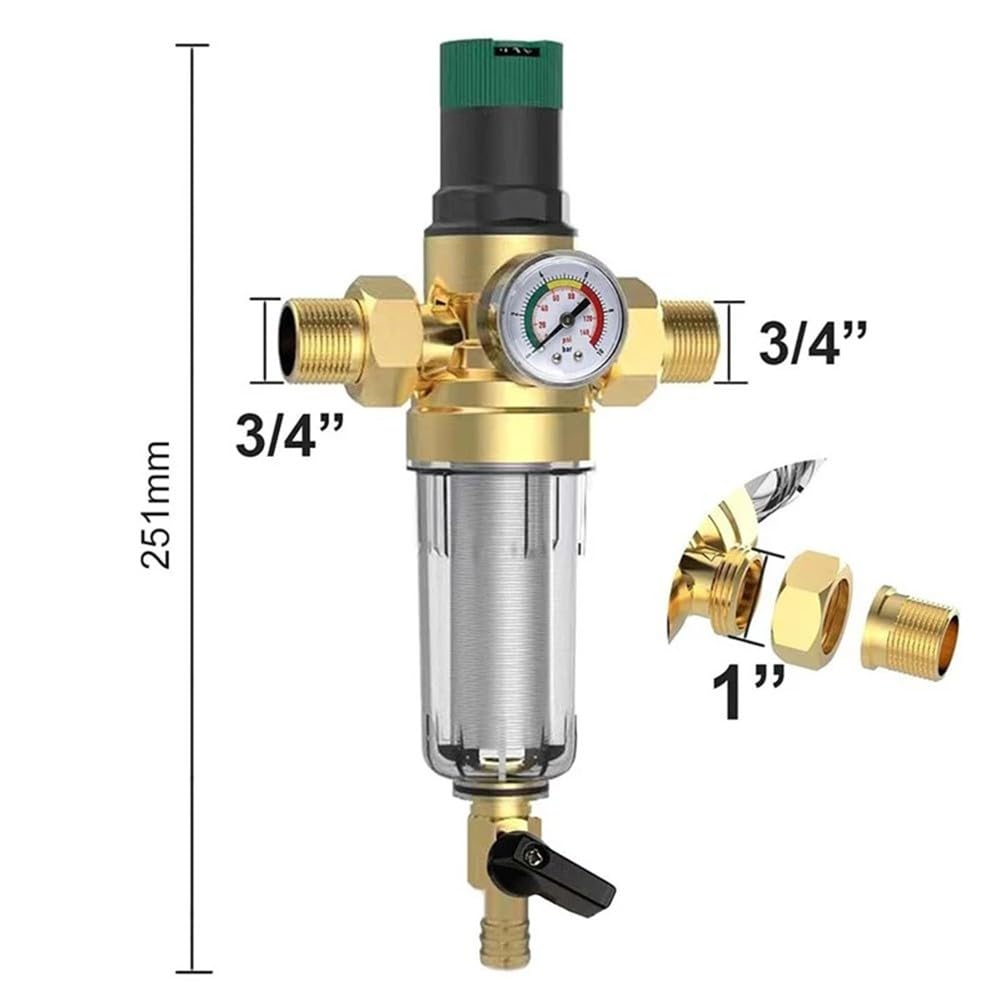 1x 3/4 Zoll Messing Druckregler mit Vorfilter und 40µm Edelstahl Sieb, 8 bar Max Eingangs­Druck, Wiederverwendbarer Sedimentfilter für Sauberes Wasser, Einfach zu Reinigen, Geeigne