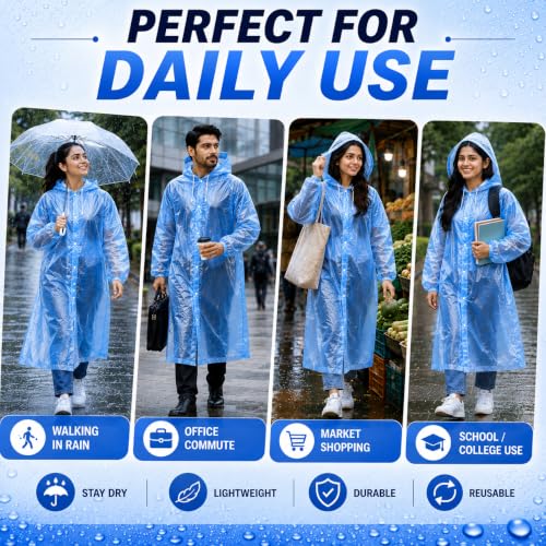Image of Full Length Waterproof Raincoat for Men & Women | Hooded Transparent Rain Wear with Sleeves | Reusable Long Rain Jacket for Bike Riding, Travel, Camping & Monsoon Protection