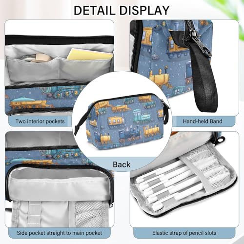 Image of Fisyme Steam Trains Blue Pencil Case Large Capacity Pen Bags Box Big Makeup Pouch Organizer