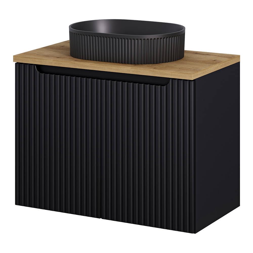 [en.casa] Conjunto Mueble de Baño con Lavabo Ovalado Newport Armario Bajo Baño Suspendido con 2 Puertas y Encimera 1 Lavabo de Cerámica Aglomerado 80x71x40 cm - Negro/Efecto Roble