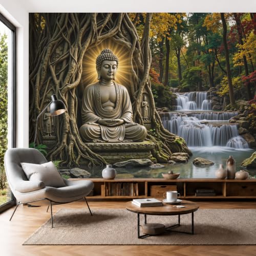 Papier Peint Intissé Statue De La Forêt Zen, Papier Peint Panoramique Paysage De Cascade Naturelle Vert Olive Pour Salon Chambre, Déco Murale Maison, Décoration Photo Murale Moderne 250X175Cm