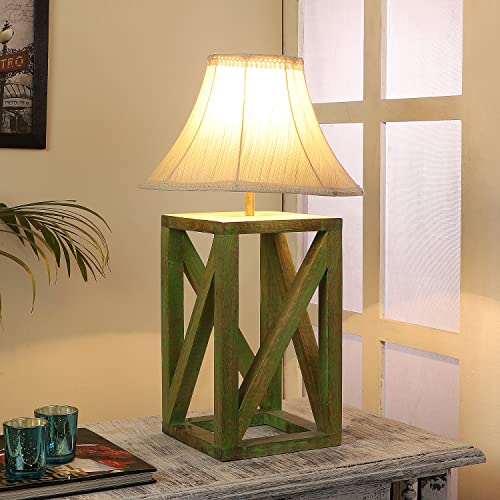 Image of tu casa Handcrafted Mango Wood Table Lamp with Brown Cotton Fabric Shade | Decorative Bedside Night Lamp for Bedroom & Living Room | Wooden Nightstand & Study Table Lamp for Home Decor & Gifting