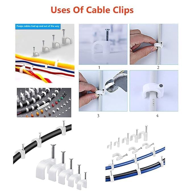 ATOOZED Cable Clips Combo of 100pcs (4mm + 6mm + 8mm +12mm) Wire Fastener Wall Pins with Metal Nails for Cable Management, Cord Organizer, Round Wire Clamps for Hanging Cables Fitting on Wall 3