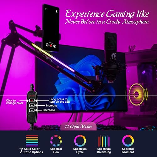 Image of Cezo RGB Overhead Boom Arm Stand For Microphone with Mobile Phone Holder and 7 Colour Modes |Suspension Boom Scissor Microphone Arm Stand for Studio Recording Broadcasting and Gaming