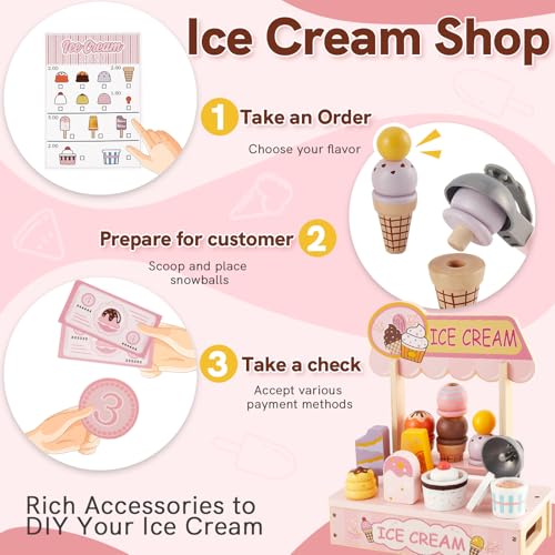 HERSITY Eiscreme Set Kinder Holz EIS am Stiel Spielzeug zum Stapeln, Kinderküche Zubehör Eisladen Eisdiele, Spielküche Rollenspiele für Kind Mädchen Jungen 3 4 5 Jahren, Rosa