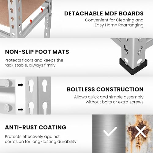 Image of Robustt 4-Tier Multipurpose Storage Rack | Bolt-Free Assembly | Galvanized Metal | Thick MDF Board | 175kg Capacity Per Shelf | 54 x 24 x 12 Inches Adjustable Shelf Rack for Home, Garage & Shop