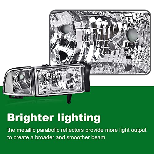 Image of GRAND ORANGE Headlights Assembly, Compatible with Dodge Ram 1500 2500 3500 1994 1995 1996 1997 1998 1999 2000 2001 2002 Clear lens Chrome Housing Clear Reflector