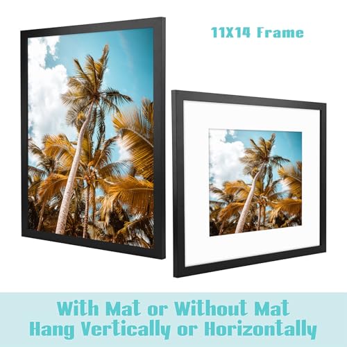 Image of Frametory, 11x14 Picture Frame - Made to Display Pictures 8x10 with Mat or 11x14 Without Mat - Wide Molding - Pre-Installed Wall Mounting Hardware (Black, 2 Pack)