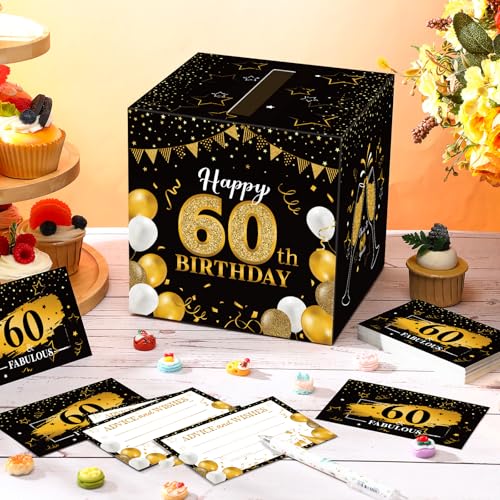 Image of Funrous 60th Birthday Party Message Card Box Cheers to 60 Years Black Gold Advice and Wishes Greeting Card Box for Men Women Birthday Decorations Party Supplies Anniversary Tables Sign Decor