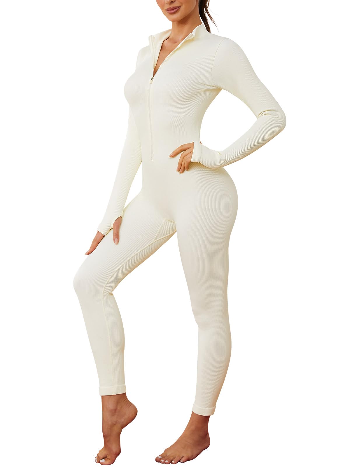 Nadeer Mono Deportivo Mujer Ajustado Jumpsuit Yoga Mono Manga Larga Cuello en V con Cremallera Ropa Deportiva Elásticos Mono de Gimnasio Entrenamiento Fitness