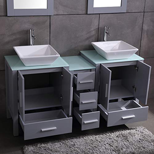 60\" Double Sink Gray Bathroom Vanity Paint MDF Wood Cabinet Glass Top w/Mirror, Faucet&Drain Set