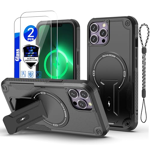 GuardCase for iPhone 13 Pro case[Compatible with MagSafe][with 2 * 9H Tempered Glass Screen Protector] Built in Invisible Stand Shockproof Protective Phone Cover 6.1-inch(Black)