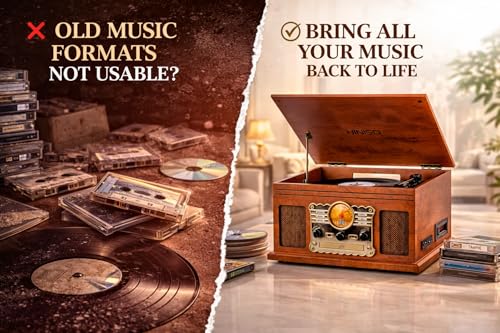 Image of Hiniso 8-in-1 Vinyl Record Player Turntable with 2-Way Bluetooth in /Out, Wireless Remote, CD & Cassette Player, USB /SD Recording | Convert Vinyl /CD /Cassette to MP3 | Built-in Speakers, FM Radio