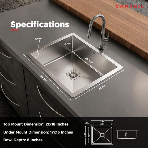 Image of Carysil Micro Radius R10 Handmade 304 Stainless Steel Sink 21x18x8 Inches, 10mm Corner Radius, Single Bowl, Deep Bowl, Sloping Drain, SS Coupling, Special Padding & Anti-Condensation Undercoating