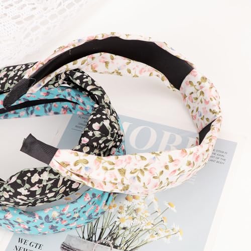 Image of DRESHOW Headbands for Women and Girls Flower Printed Knotted Plastic Head Band Fashion Boho Wide Hairbands Non Slip Hair Accessories 4 Pcs