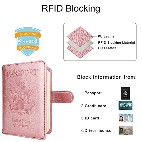 Image of WALNEW Passport Holder for Travel, RFID Passport Cover Wallet for Women Men, PU Leather Passport Book Card Holder Case with Pen (Buckle Closure, Buckle-Rosegold)