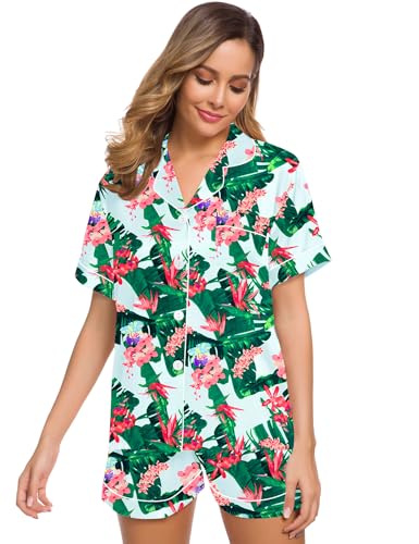 Image of SWOMOG Womens Silk Satin Pajamas Set Short Sleeve Sleepwear Button Down Top and Shorts Loungewear 2 Piece Pjs Set XS-3XL Tropic Medium