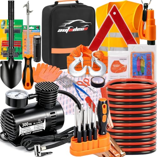 AUTODECO Car Emergency Kit with Jumper Cables & Inflator
